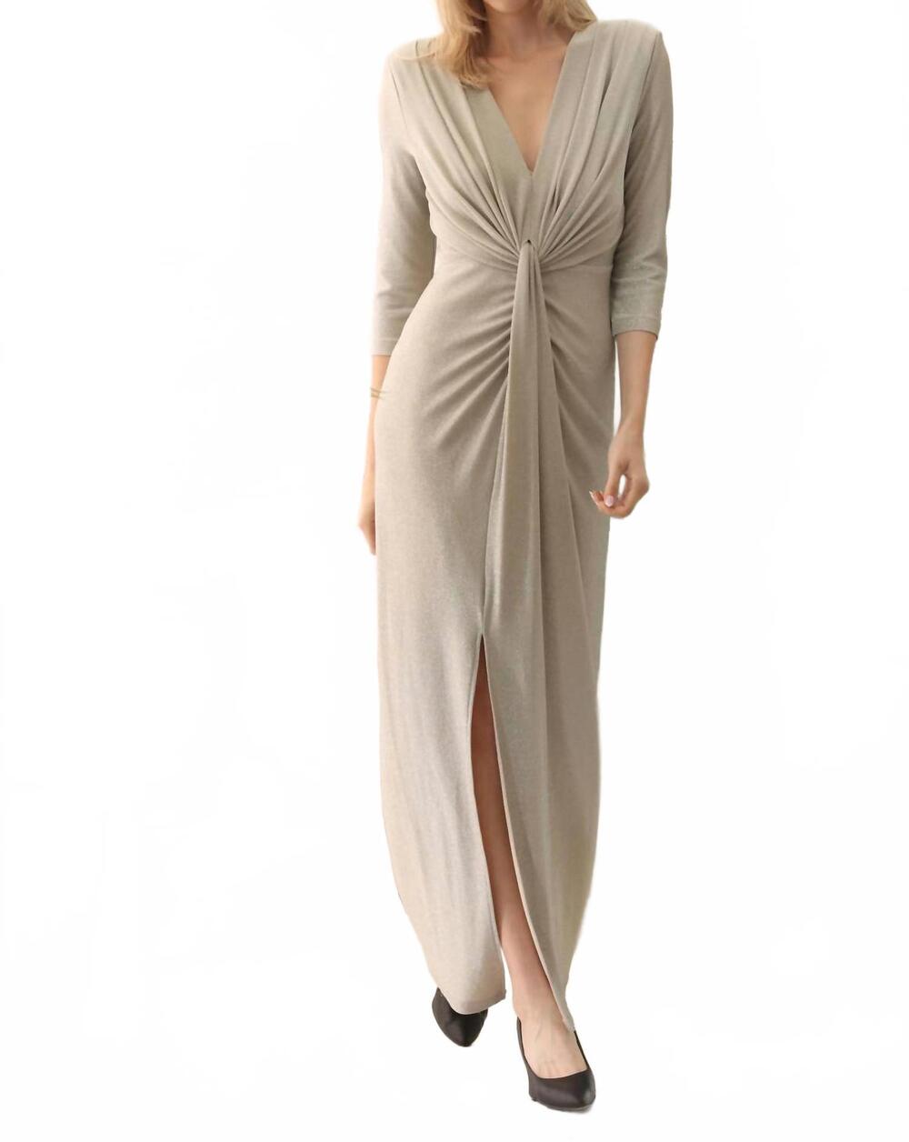 NEW JOSEPH RIBKOFF sparkle knit draped front long dress in champagne